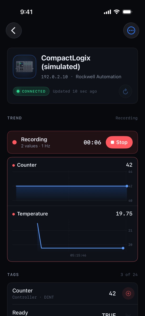 A live recording charting Counter and Temperature values.