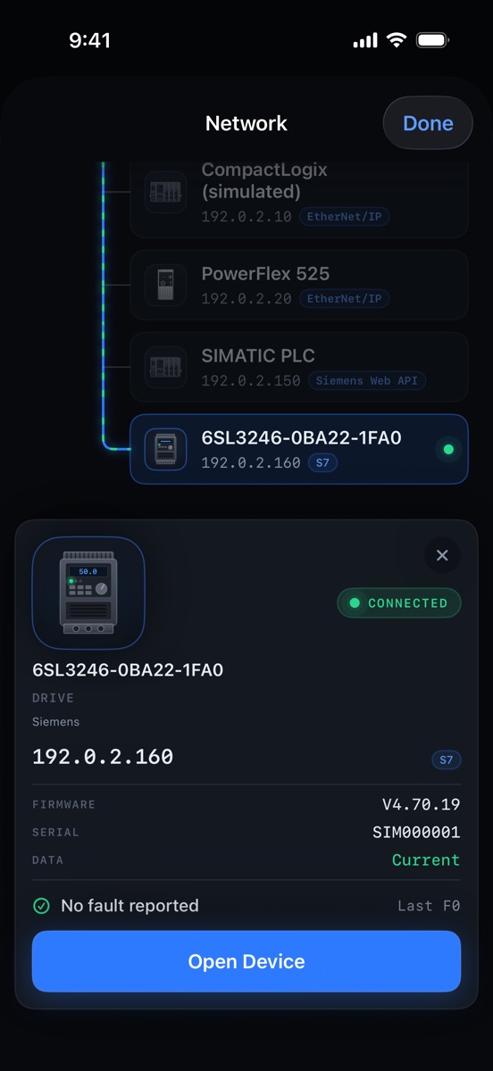 Network map listing saved devices with a selected drive's identity details.